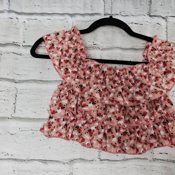Cider Floral Cropped Elastic Off the Shoulder Top Ruffle Pink Women's XS - Picture 5 of 8